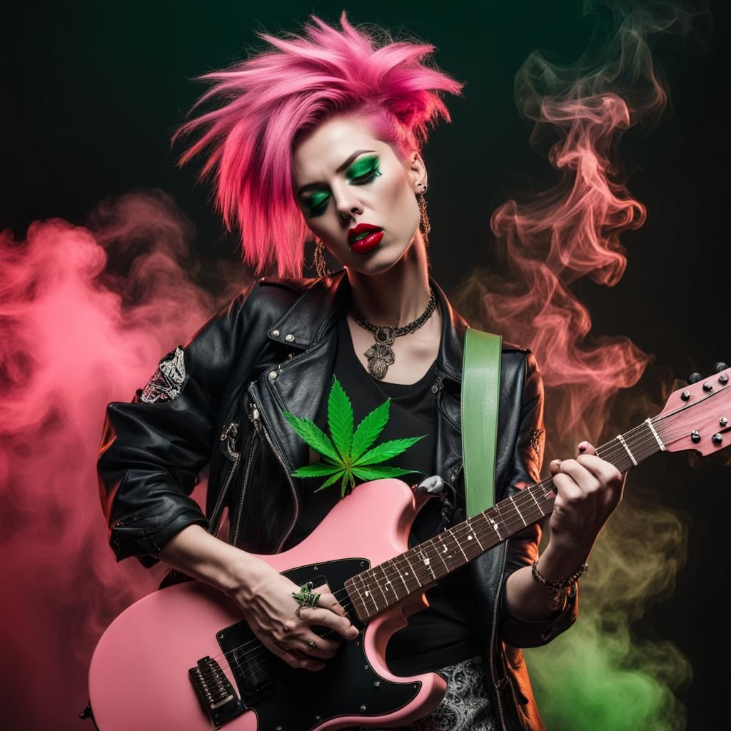 Punk Girl with Guitar Smoking Weed