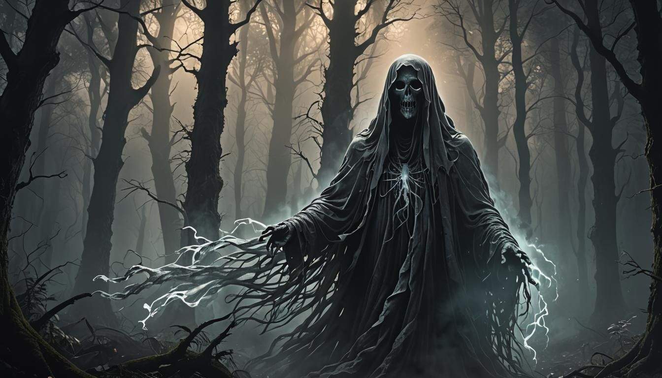 Ghost in Dark Forest: Grimdark Horror Concept Art