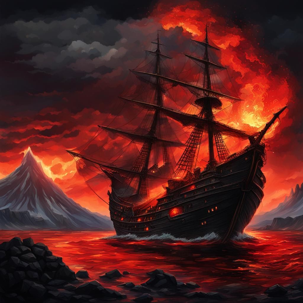 Volcanic Island Eruption with Pirate Ship and Dragon