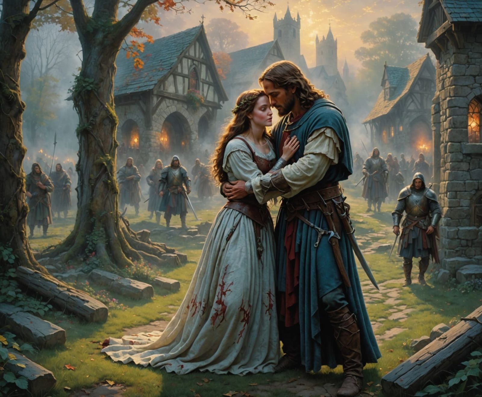 Jesus Comforts Wounded Knight in Ethereal Fantasy Style