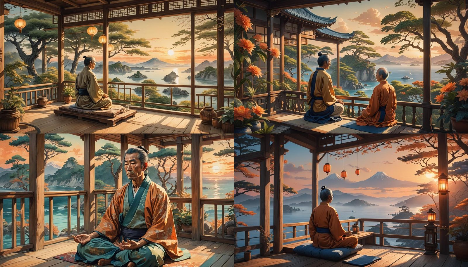 Wise Man Meditating in Summer House: Fantasy Art