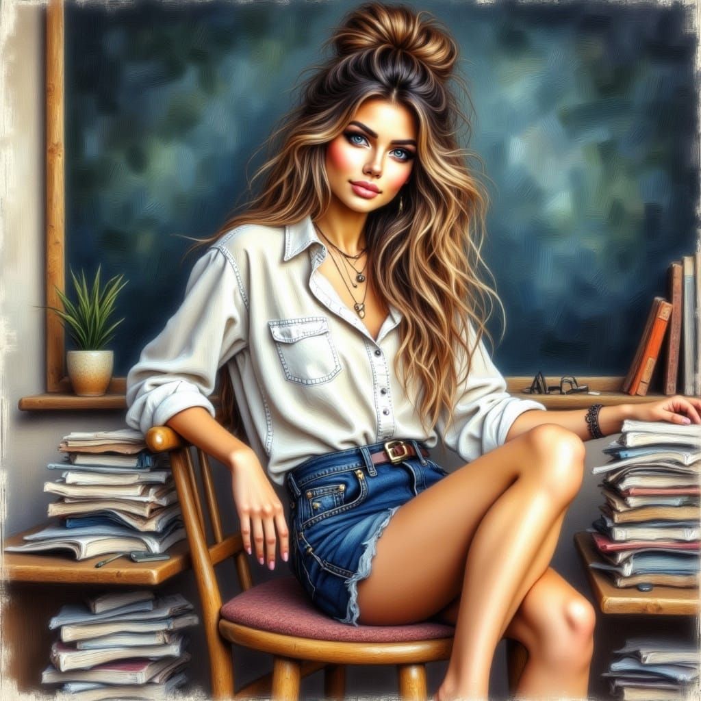 Brunette Teacher in Watercolor Style Classroom