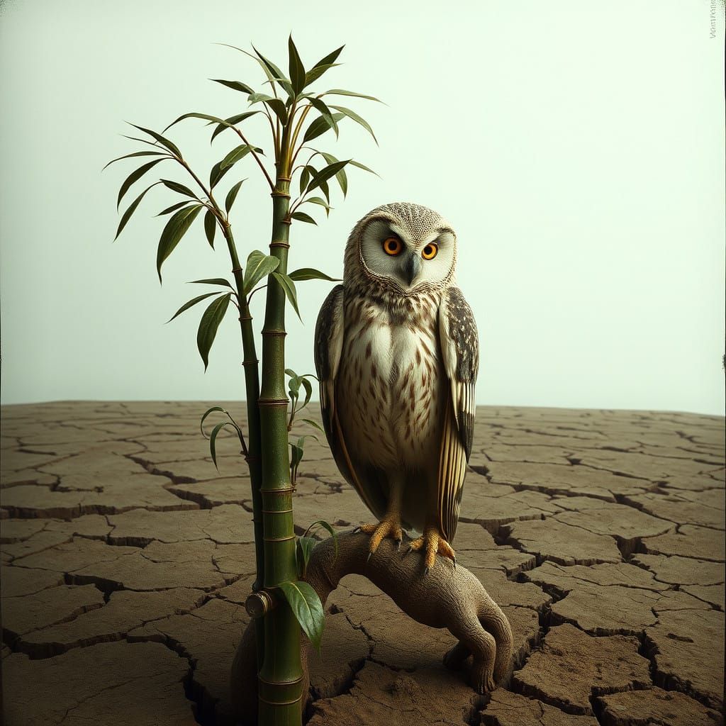 Steampunk Owl Emerges from Cracked Earth in Holographic Past...