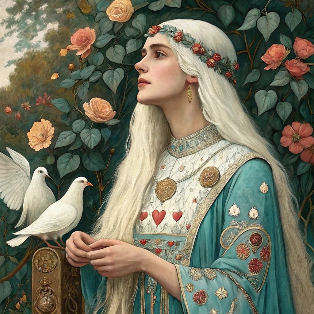 Young Woman with Doves in Gustav Klimt-Style Portrait