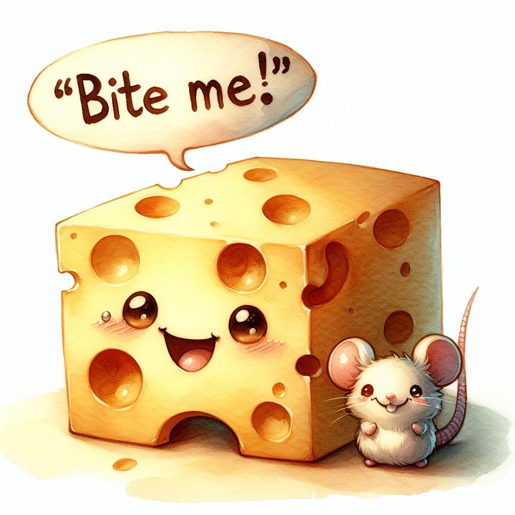 Mischievous Cheese and Chibi Mouse Watercolor
