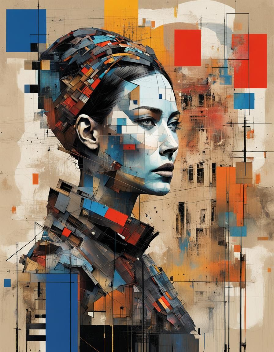 Abstract Woman Portrait Fusion in Mixed Media
