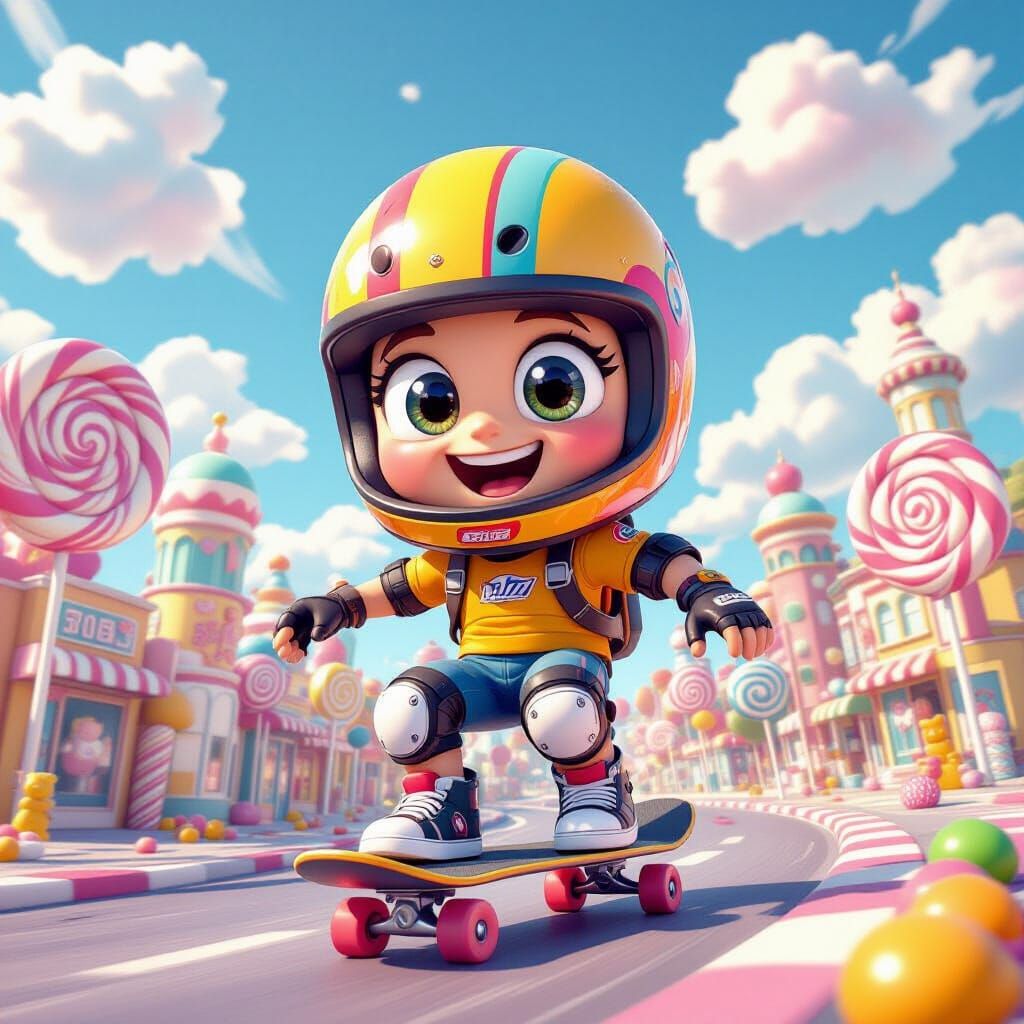 Gumball Machine Skateboarder in Candy City, 3D Render