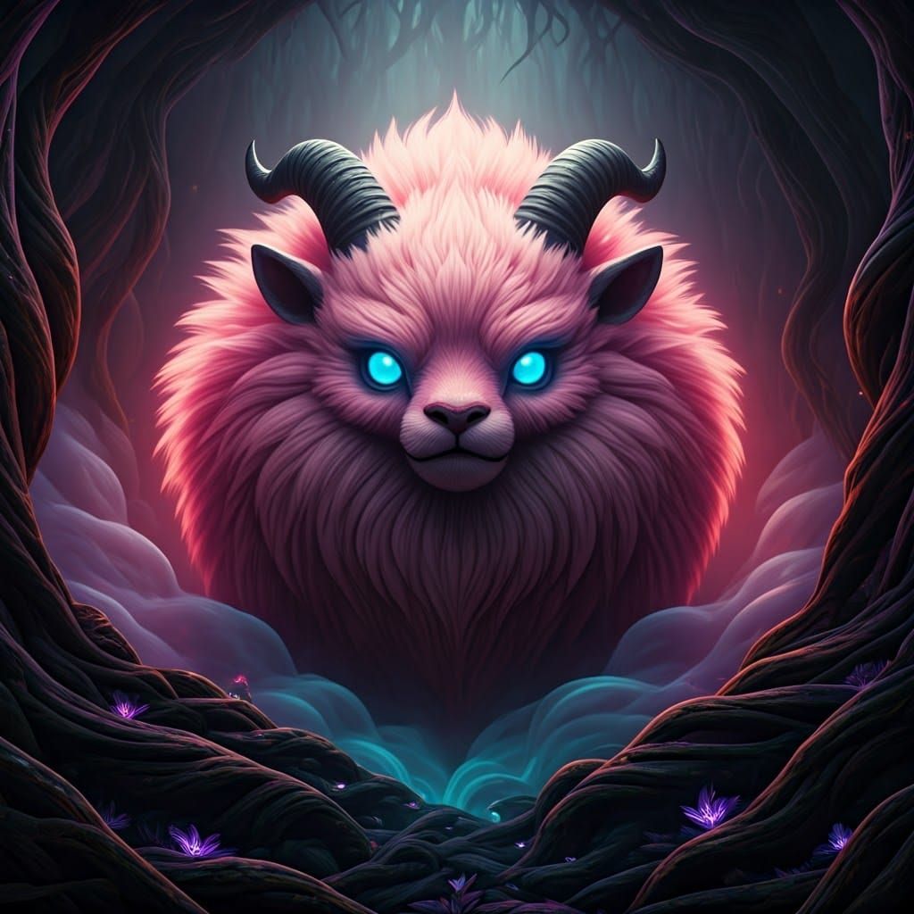 Majestic Pink Fuzzy Monster in Mystical Forest