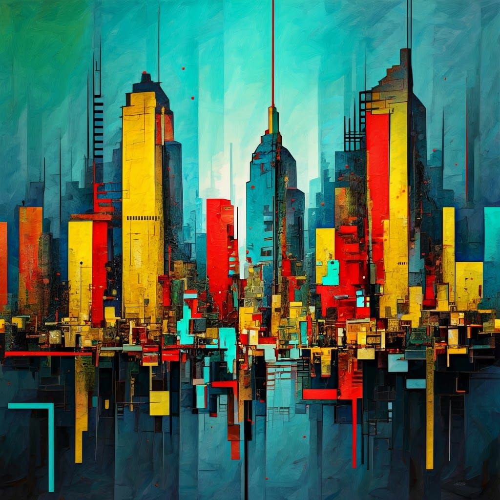 Abstract city scape in expressionist painting, chaotic yet h...