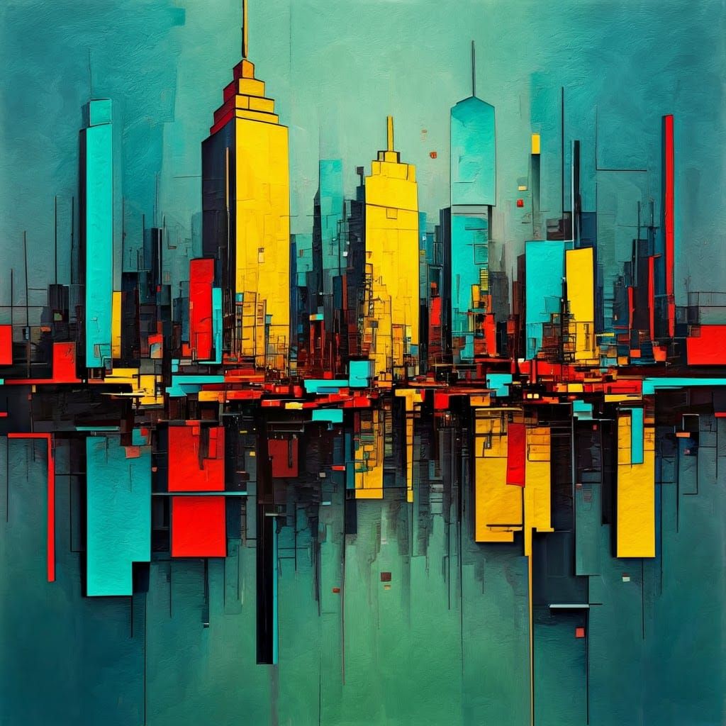 Abstract city scape in expressionist painting, chaotic yet h...