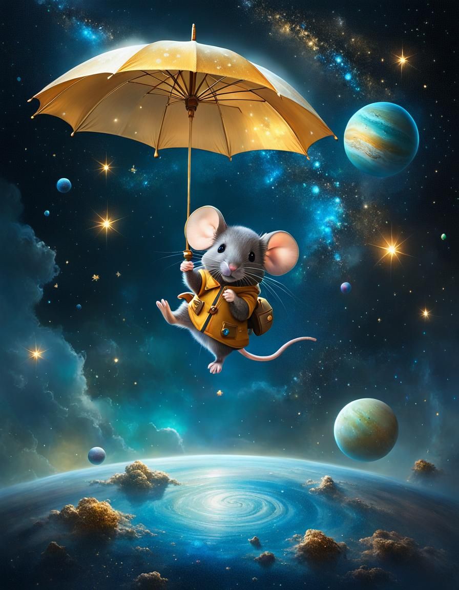 A mouse floating in space holding an umbrella
