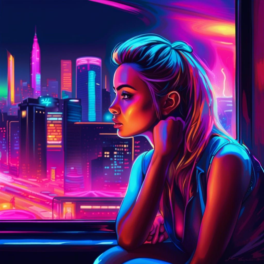 Nightlife City Scene with Girl in Synthwave Style