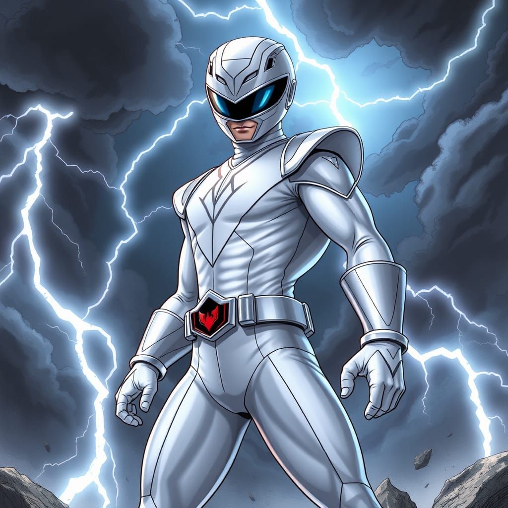 Heroic White Dino Thunder Ranger in Comic Book Style