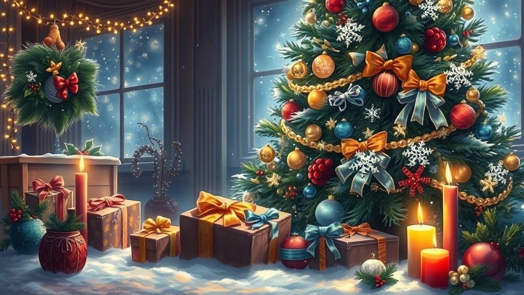 Enchanting Christmas Scene with Twinkling Lights and Festive...