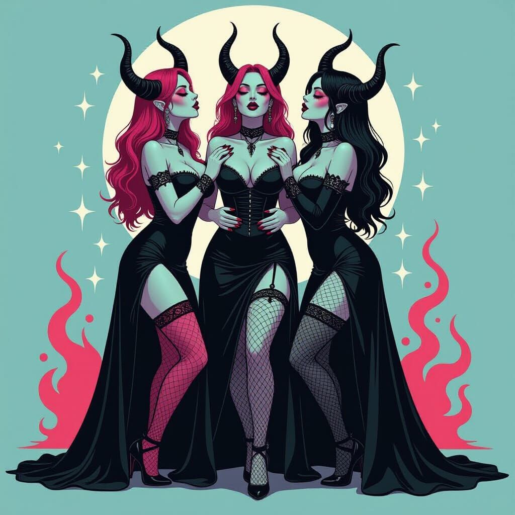 Three Demon Ladies Kissing in Gothic Style