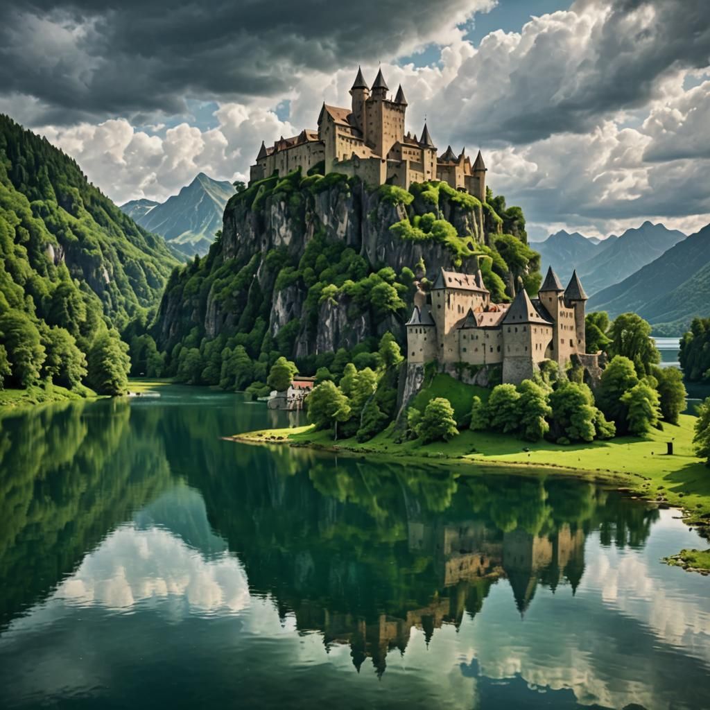 Medieval Castle on Lush Island with Serene Lake