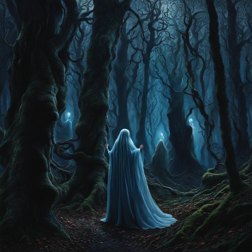 Blue Ghost Lost in Dark Forest, Macabre Art