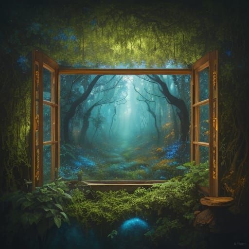 Mystical Forest from an Attic Window in Vibrant Oil Painting...