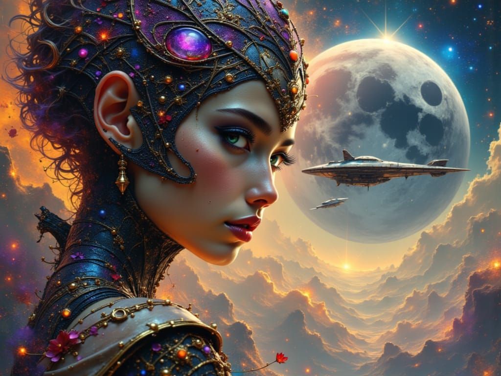 Shimmering Alien Woman in Space Art Nouveau Style