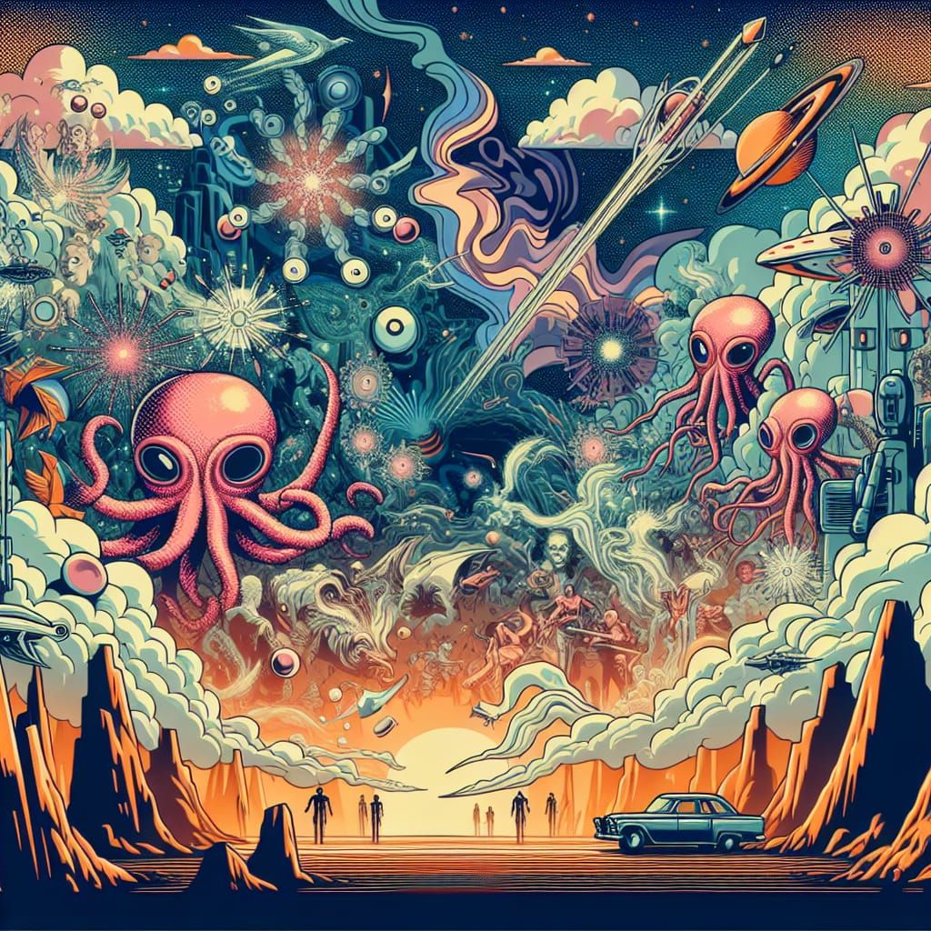 Distorted Memories in Retro Sci-Fi Cartoon Style