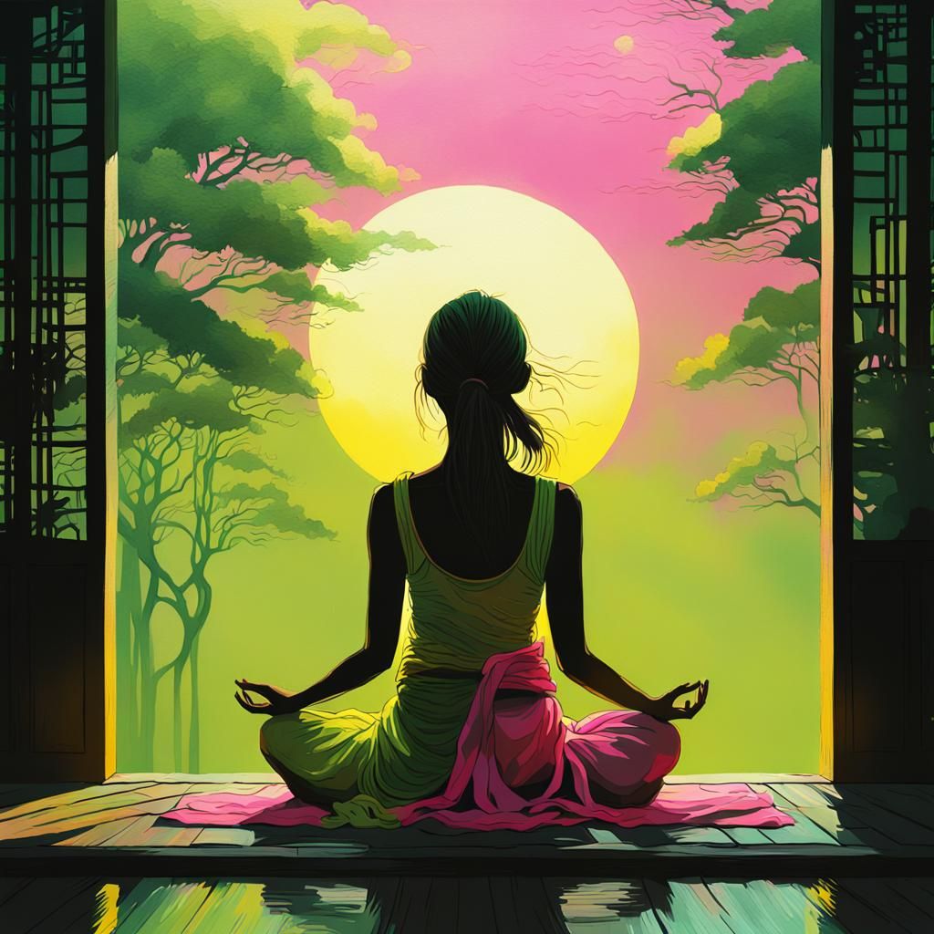 Depressed Woman Meditating in Zen Acrylics