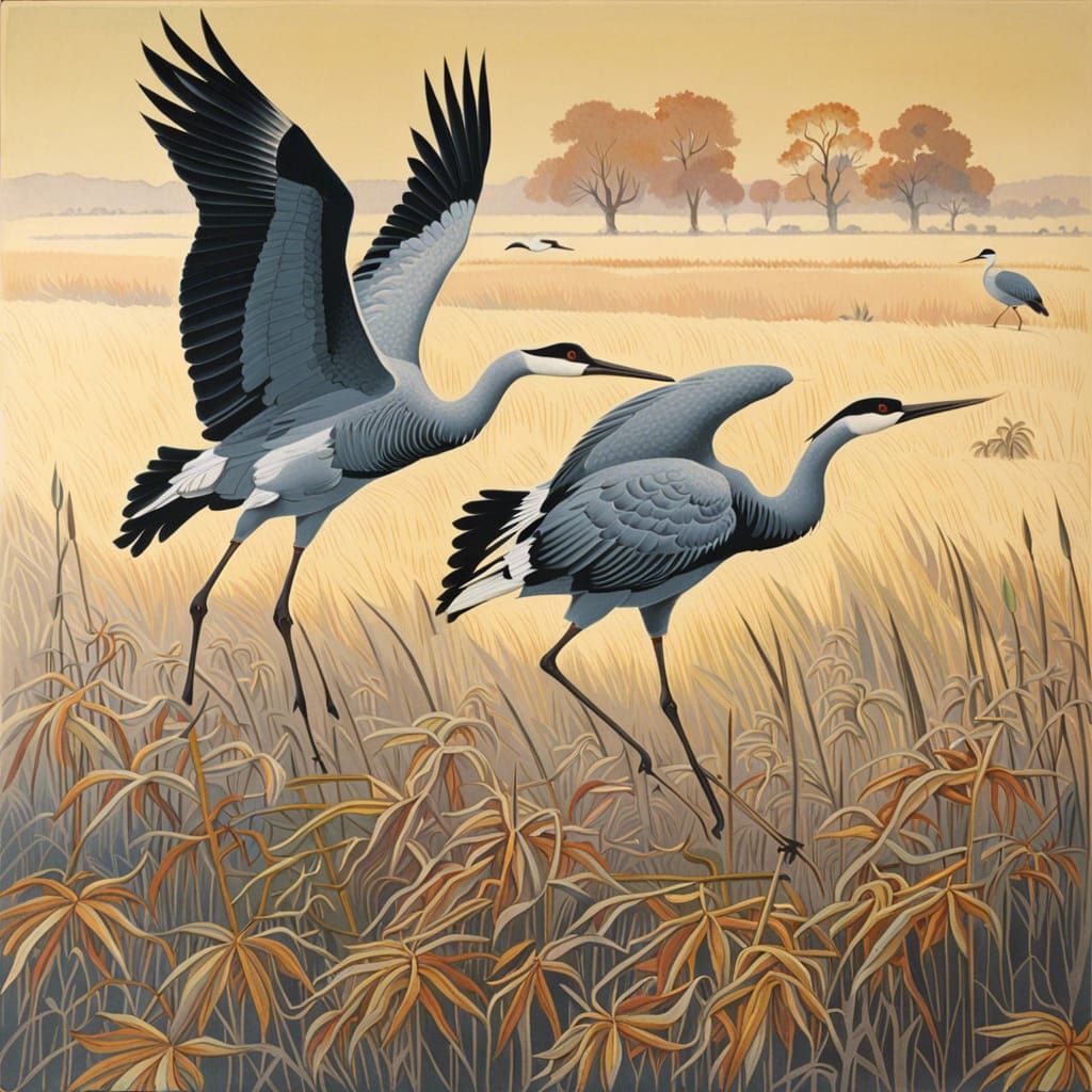 Cranes in Autumn Field, as Vintage Lithograph
