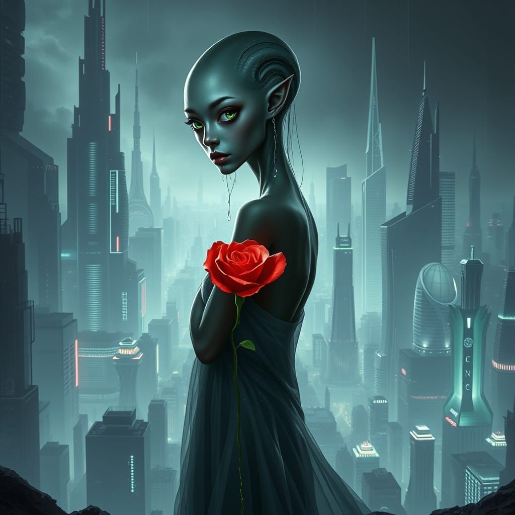 Ethereal Alien Goddess in Cosmic Metropolis