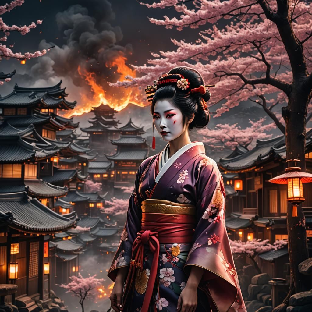 Geisha with Burning Village: Cinematic and Detailed