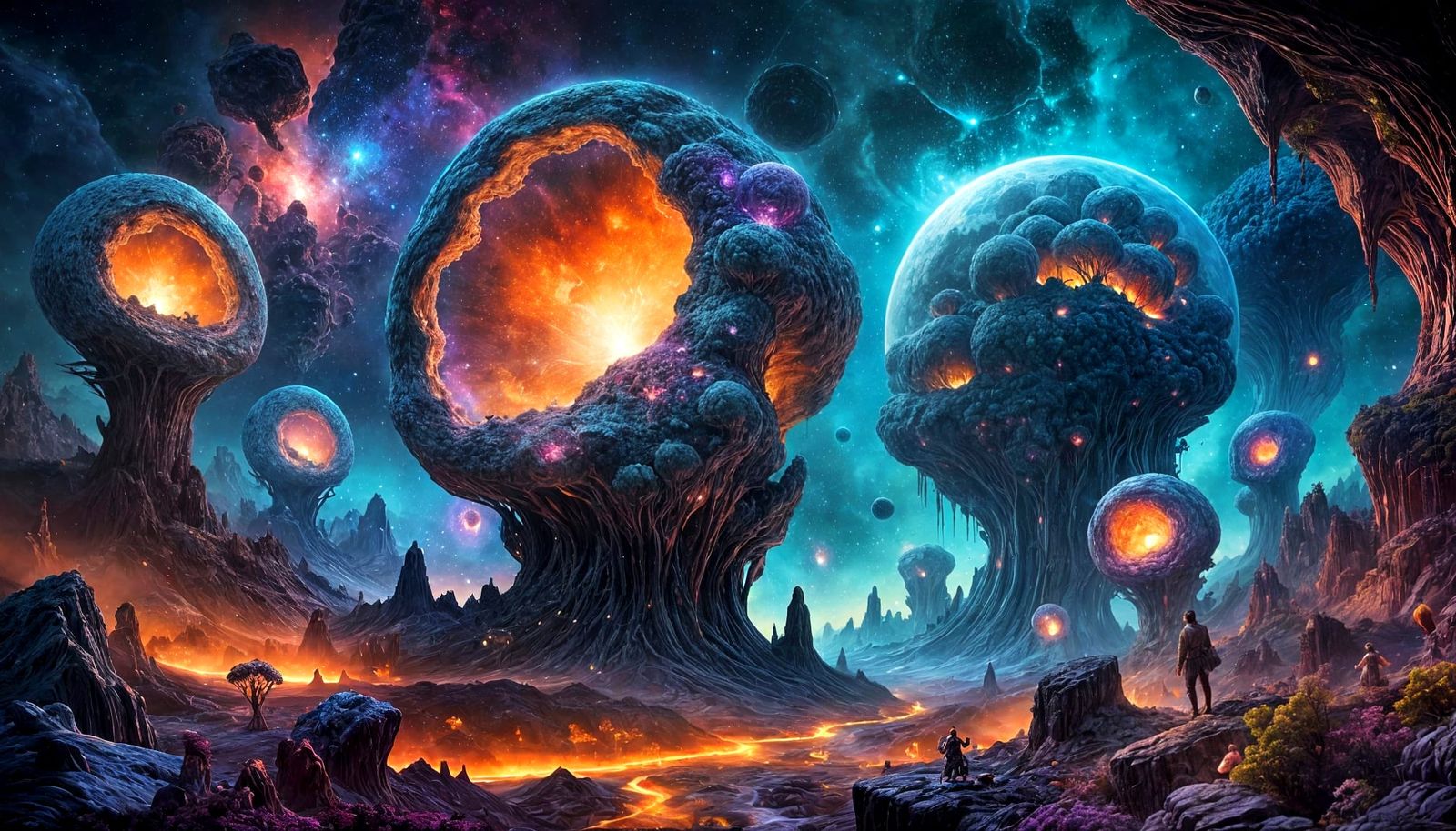 Floating Geode Villages in Cosmic Nebula Digital Painting