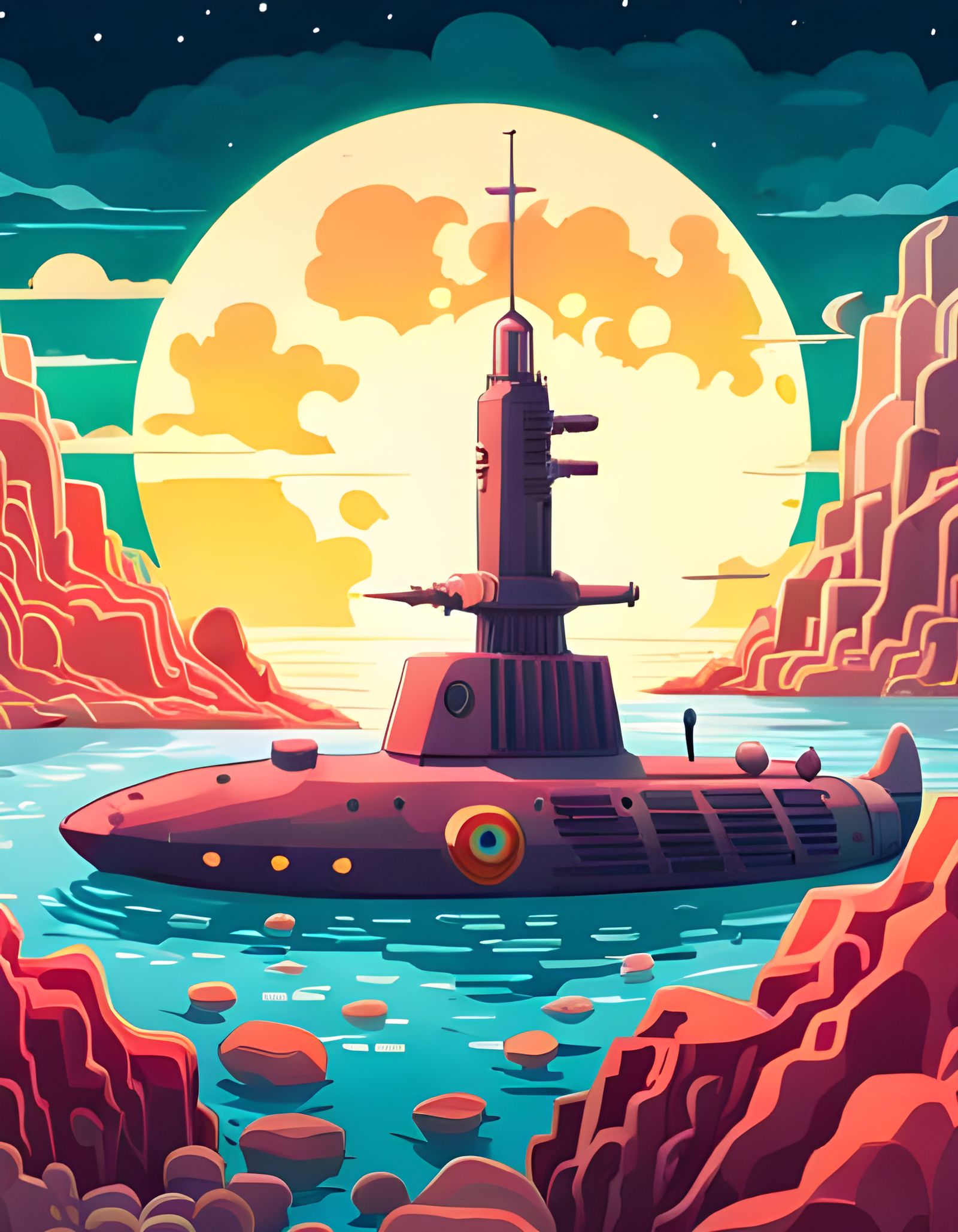 Purple Submarine Under Moon, Retrofuturistic Digital Art