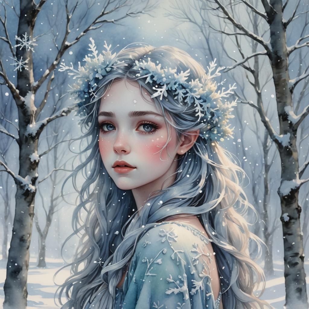 Icy Fae Girl in Winter Wonderland: Watercolor Style