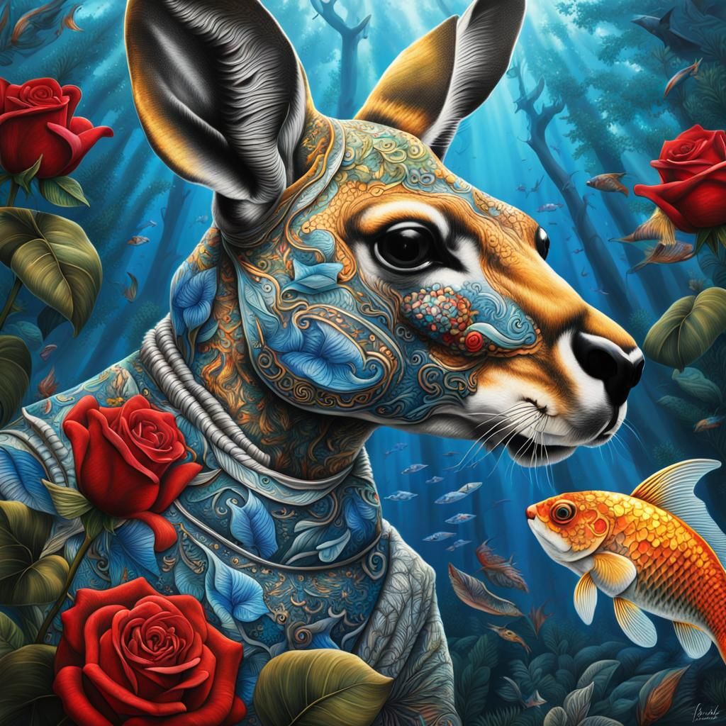 Kangaroo Portrait in Colorful Clothing and Jewellery