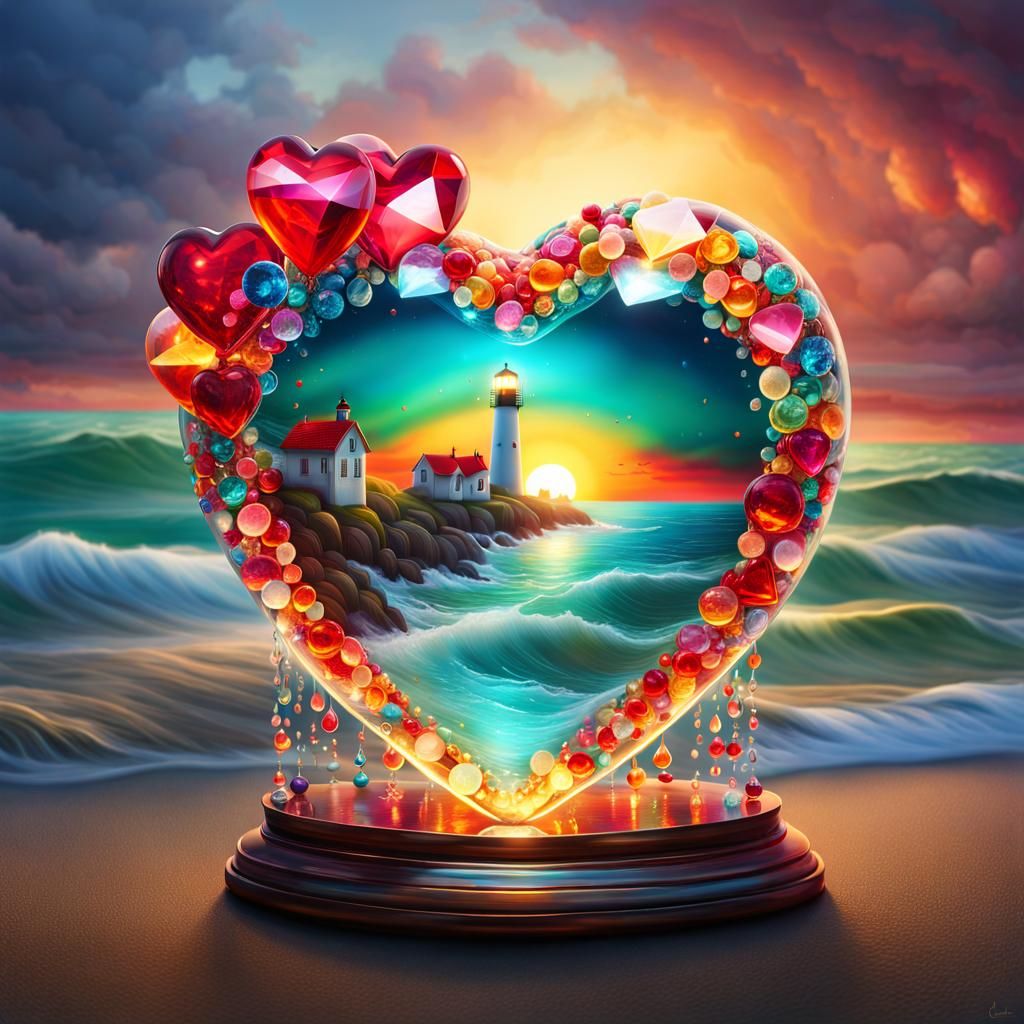 Vibrant Glass Heart Lighthouse at Sunrise