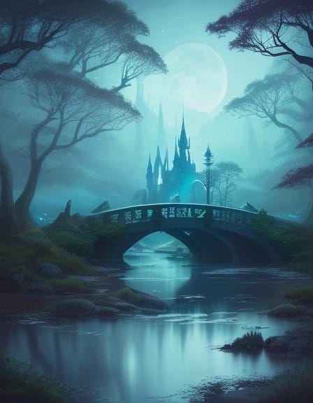 Mystical Moonlit Bridge in Whimsical Fantasy Landscape