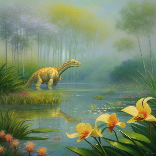 Dinosaur Basking on Lakeshore in Impressionist Style