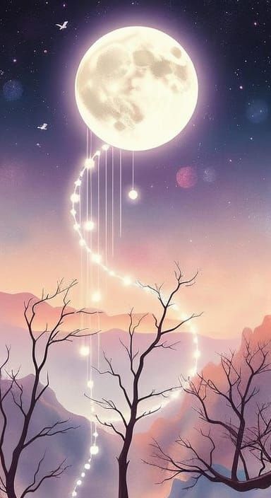 Glowing Moon Dripping Luminous Orbs in Surreal Dreamscape