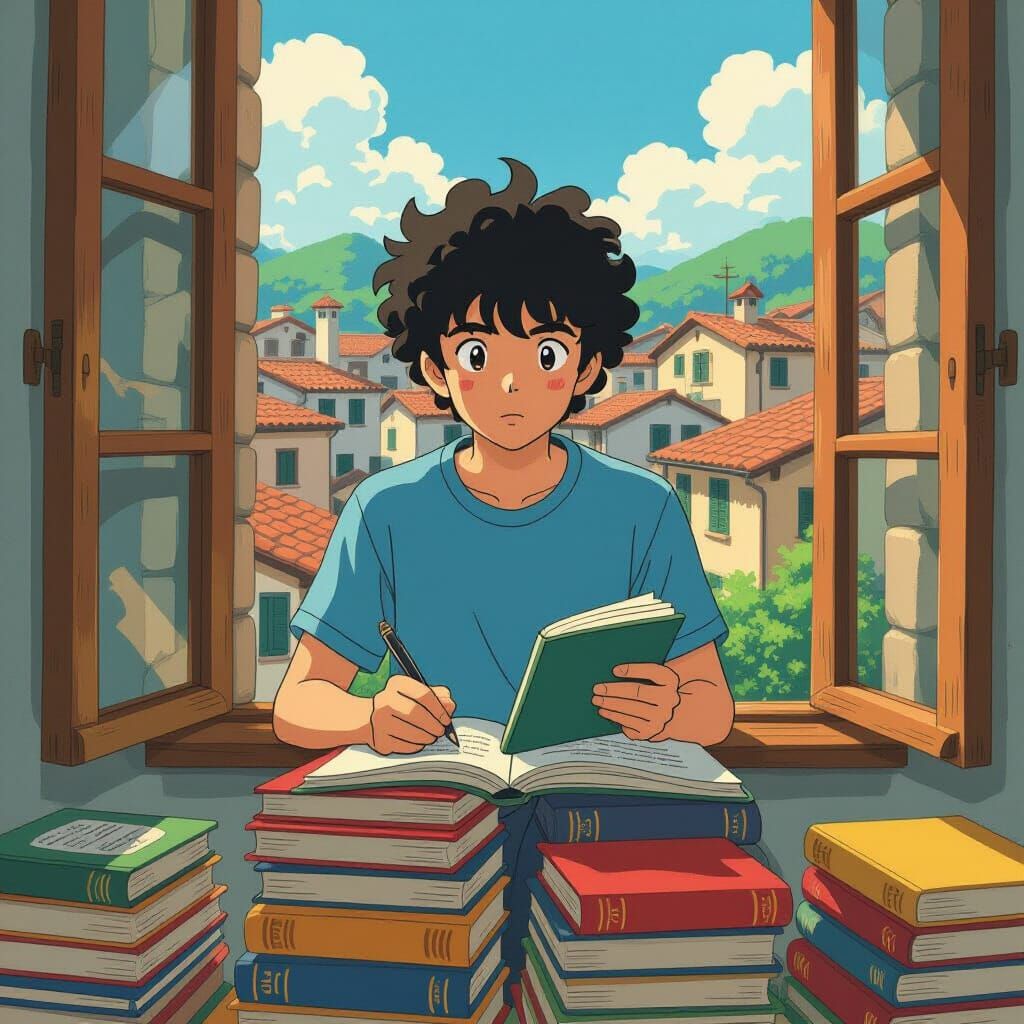 Italian Boy Studying in Studio Ghibli Style