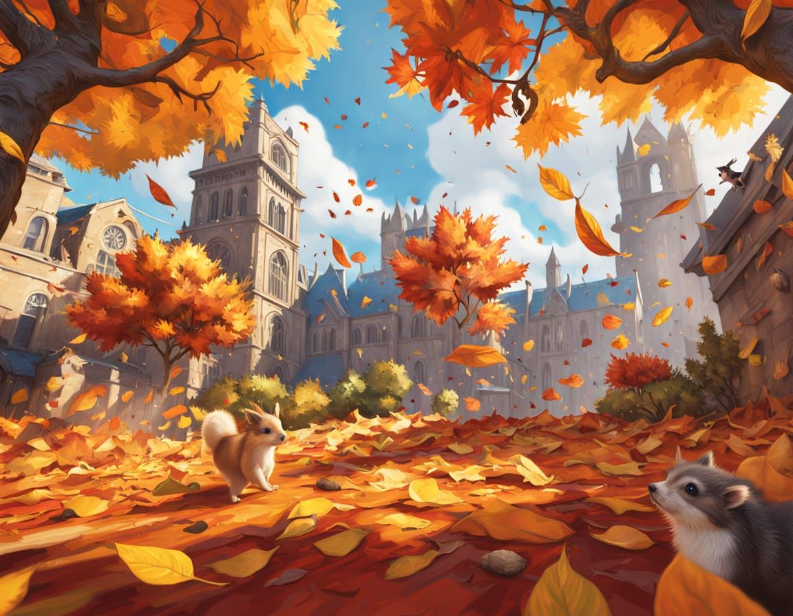 Joyful Animals in Autumn Leaves Oil Painting