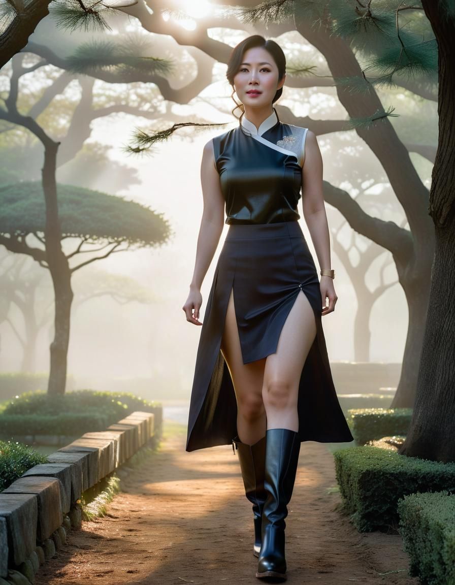 South Korean Woman in Garden: Chiaroscuro Oil Portrait