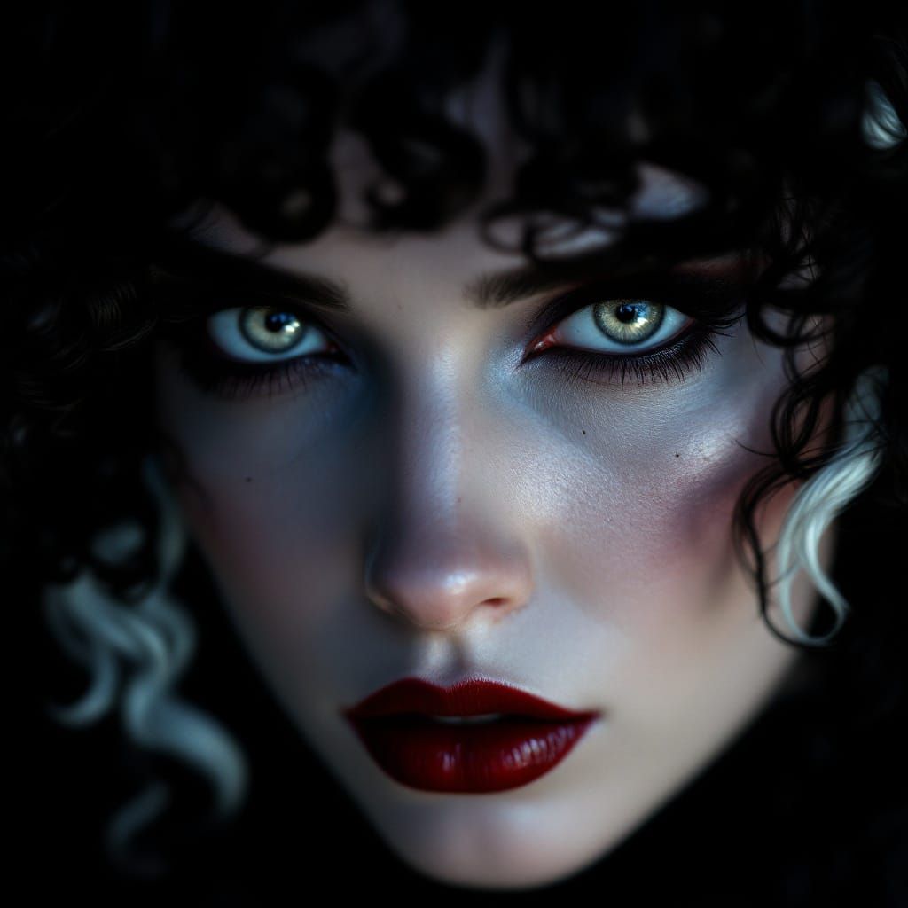 A Gothic Beauty with Pale Skin and Piercing Grey Eyes