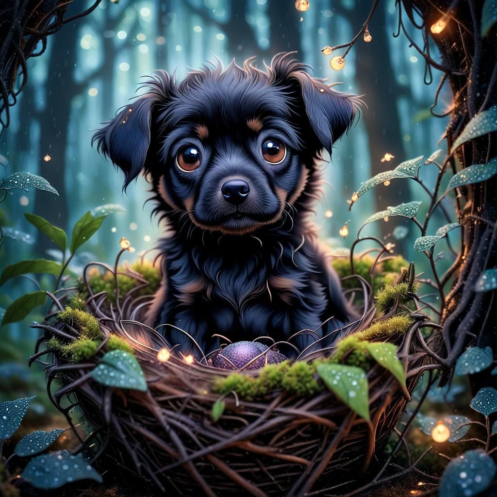 Adorable Puppy in Bird's Nest: Macro Photography