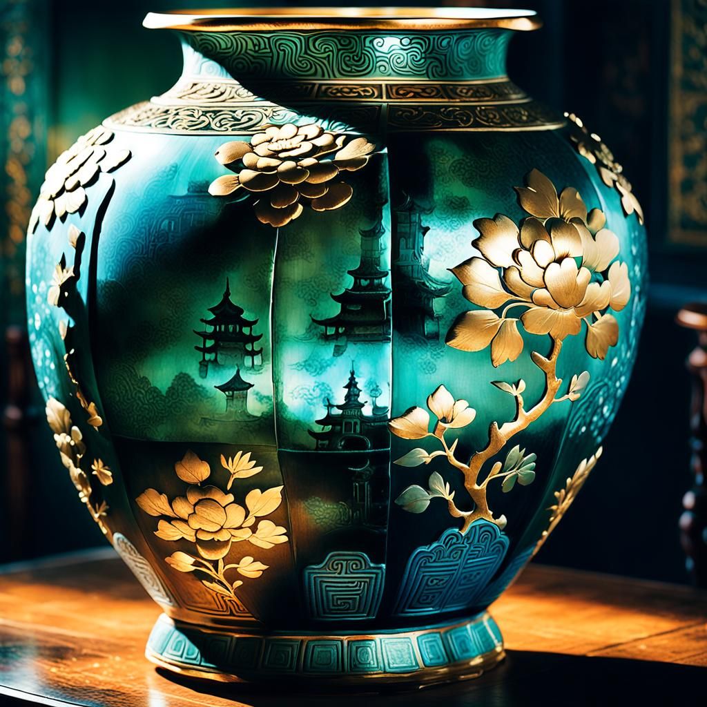 Vintage Chinese Vase Illuminated in Soft Golden Light