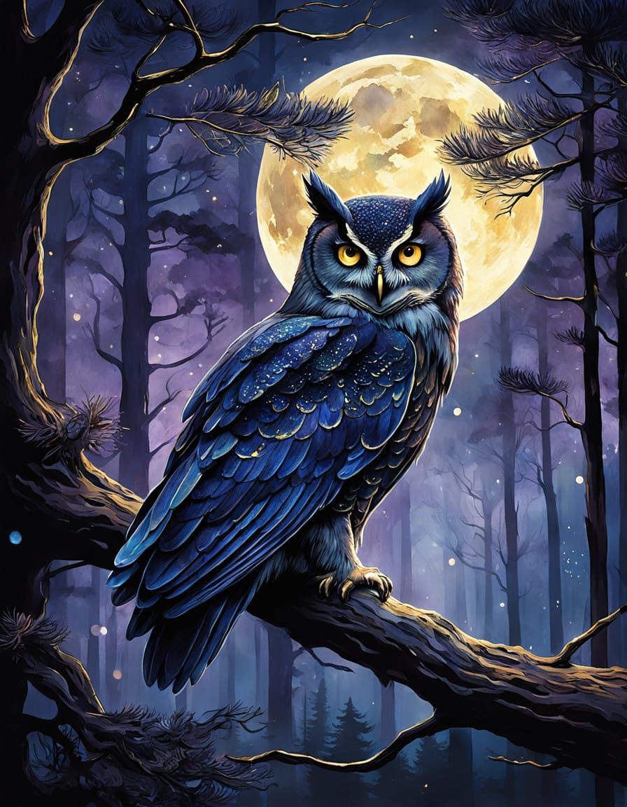 Mystical Owl-Woman Yokai in Dark Forest Watercolor