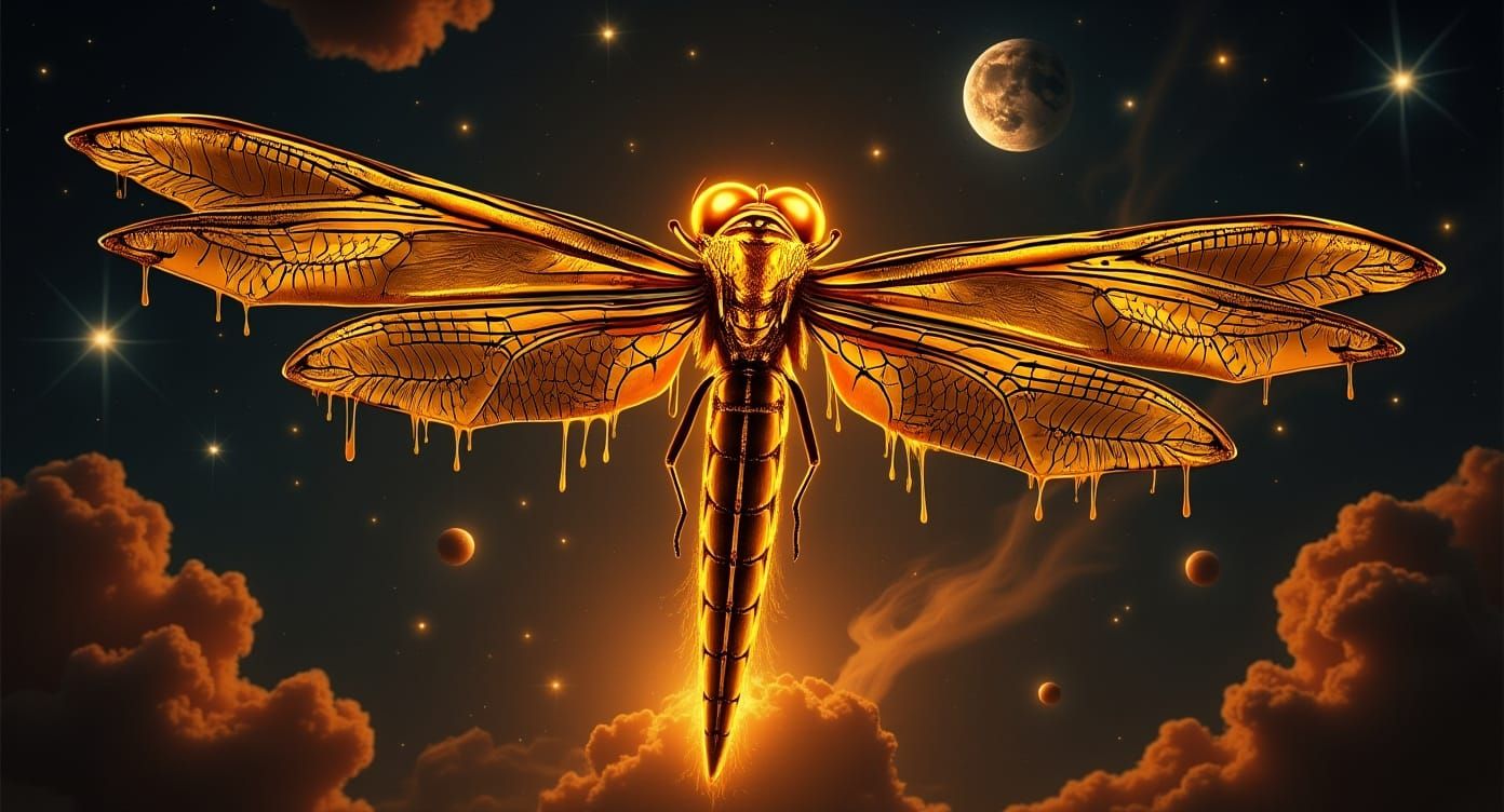 Majestic Molten Gold Dragonfly Soaring Through Nebulae