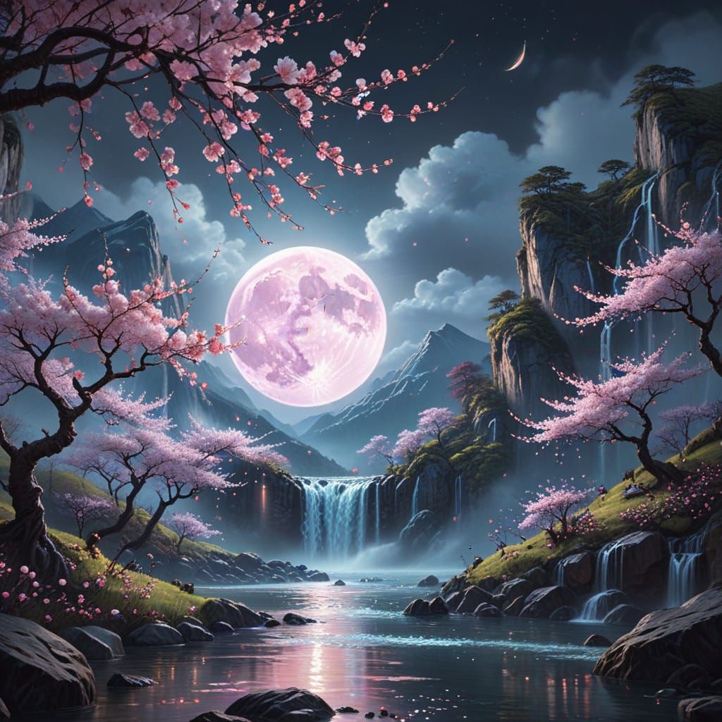 Surreal Full Moon with Cherry Blossoms in Oil Painting