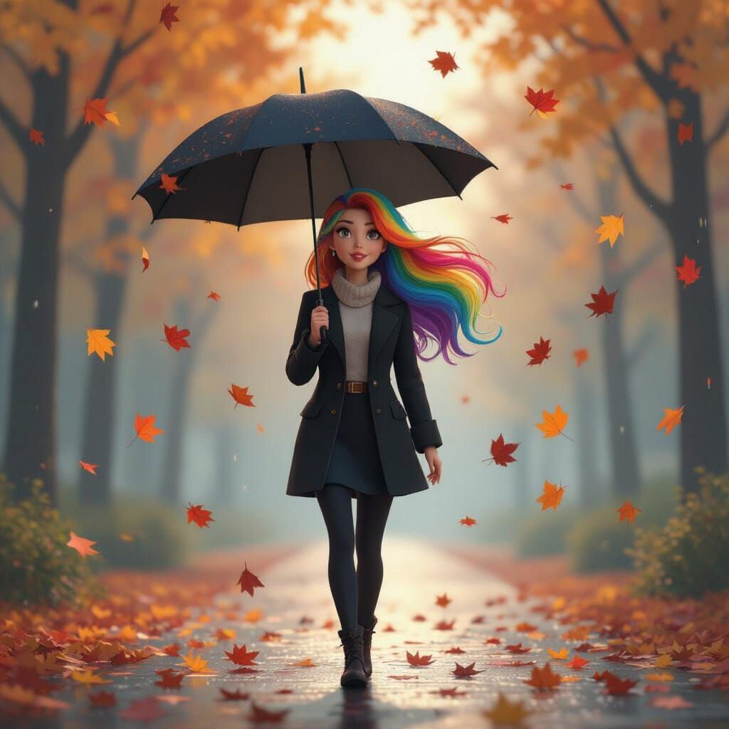 Rainbow Haired Woman in Autumn Breeze, Pixar-style 3D Art