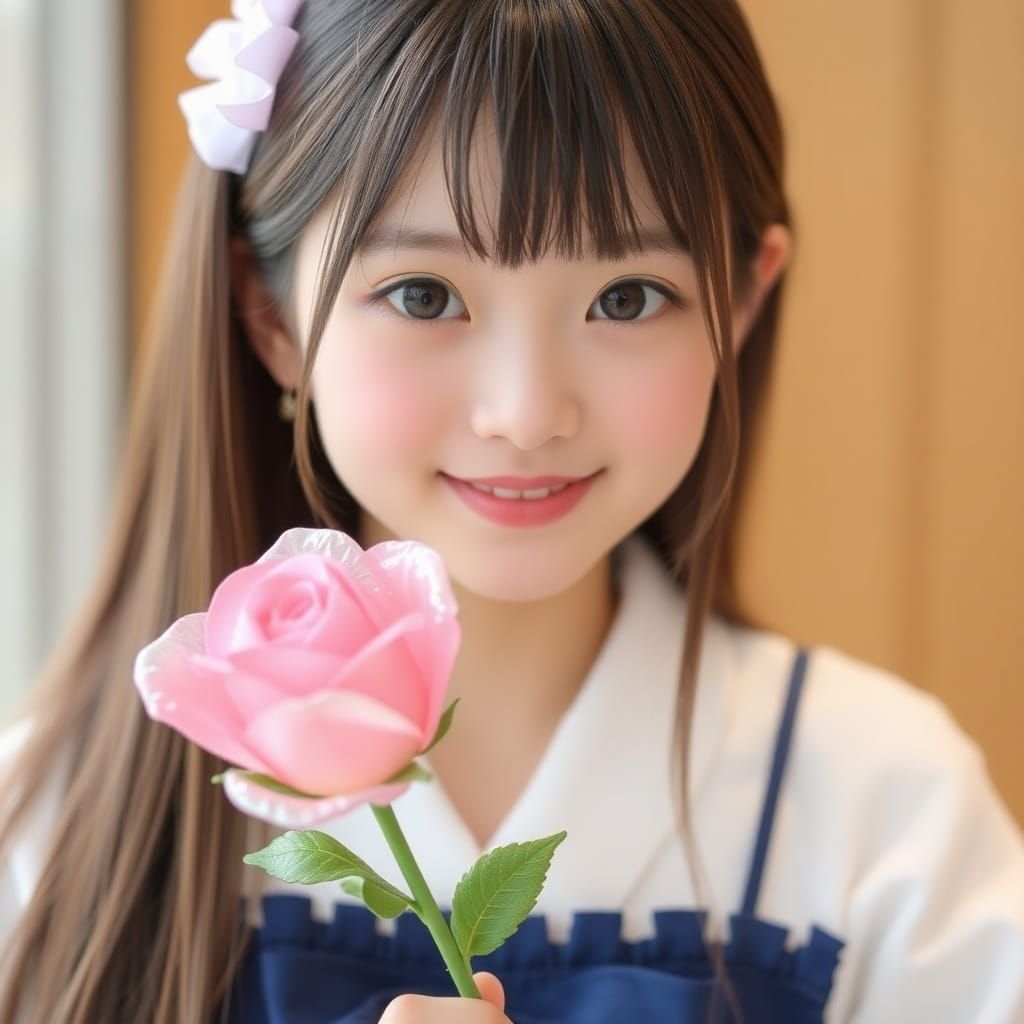 Japanese Girl with Glass Rose: AI-Generated Portrait