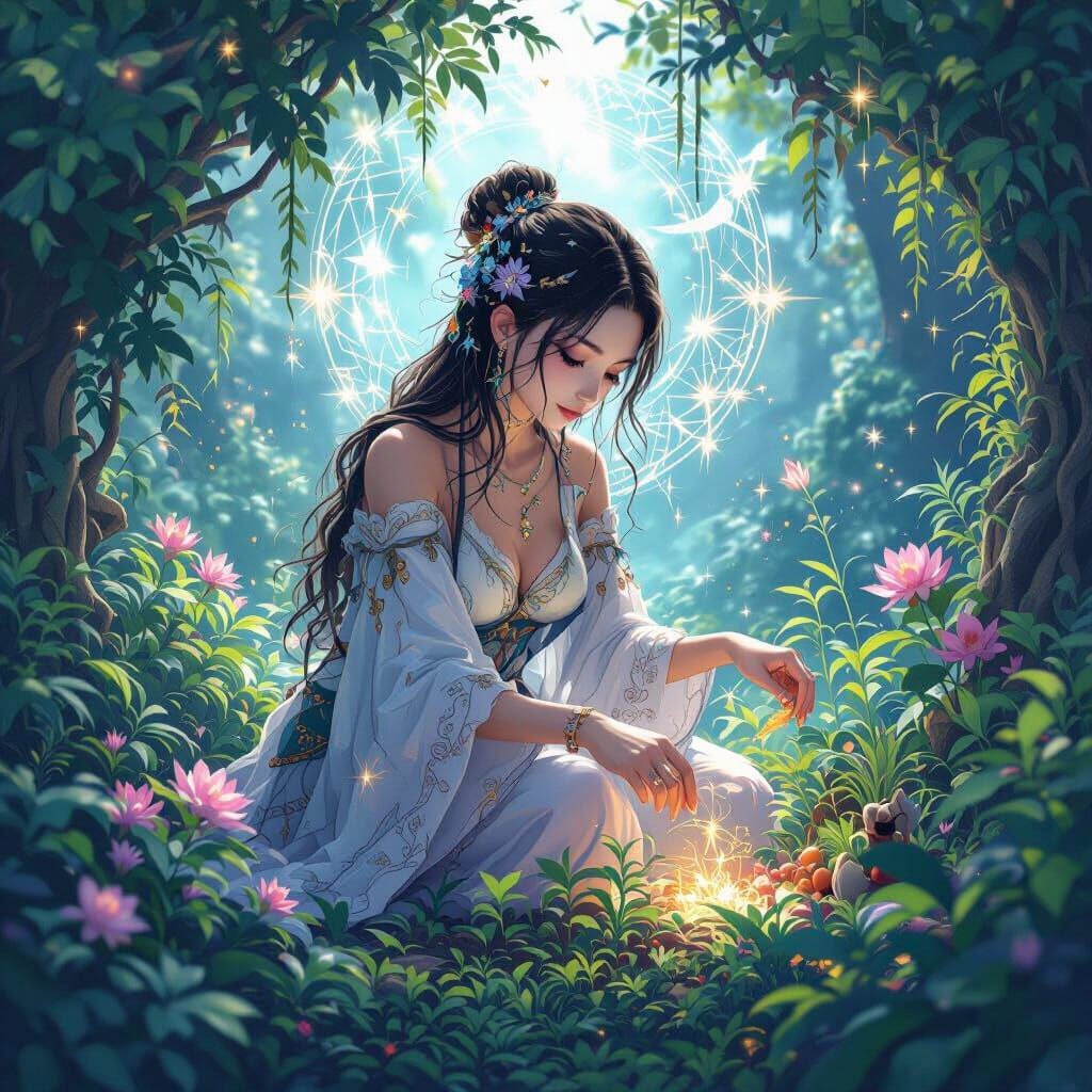 Anime Tarot Card: Vegan Woman in Food Forest