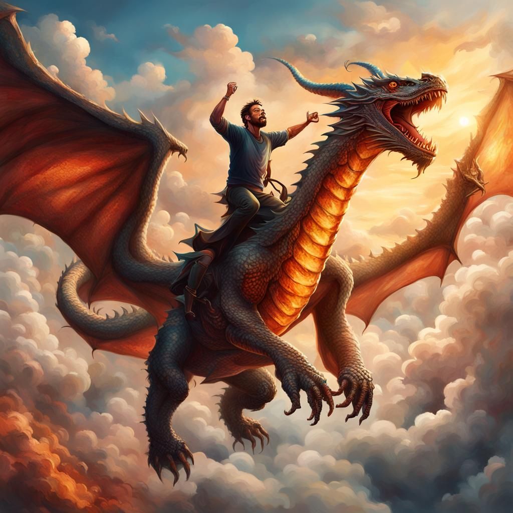 Victorious Man Rides Dragon from Hell: Splash Art