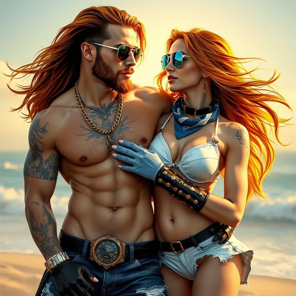 Tanned Couple in Love, Cyberpunk Digital Art